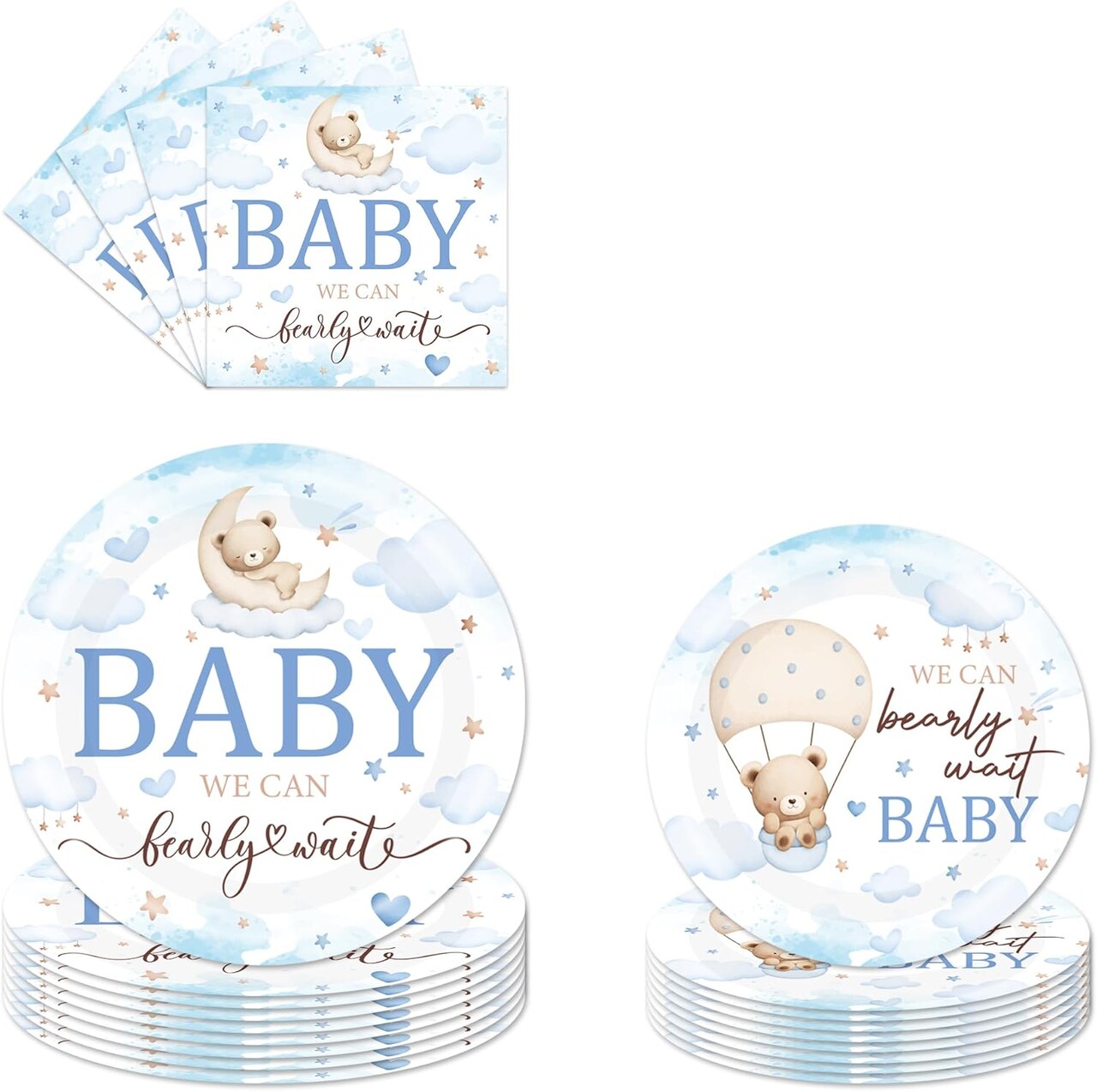Teddy Bear Baby Shower Decorations - 96 Pcs We Can Barely Wait Baby Shower Decorations Blue Tableware Plates Napkins Fork Party Supplies